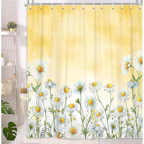 Daisy Shower Curtain, Floral Daisy Fabric Bathroom Curtains, Rustic Farmhouse Boho Shower Curtain Set, White Daisy Bathroom Shower Curtain with 12PCS Hooks, 70X84IN(Yellow)