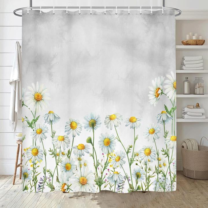 Daisy Shower Curtain, Floral Daisy Fabric Bathroom Curtains, Rustic Farmhouse Boho Shower Curtain Set, White Daisy Bathroom Shower Curtain with 12PCS Hooks, 70X75IN（Grey）