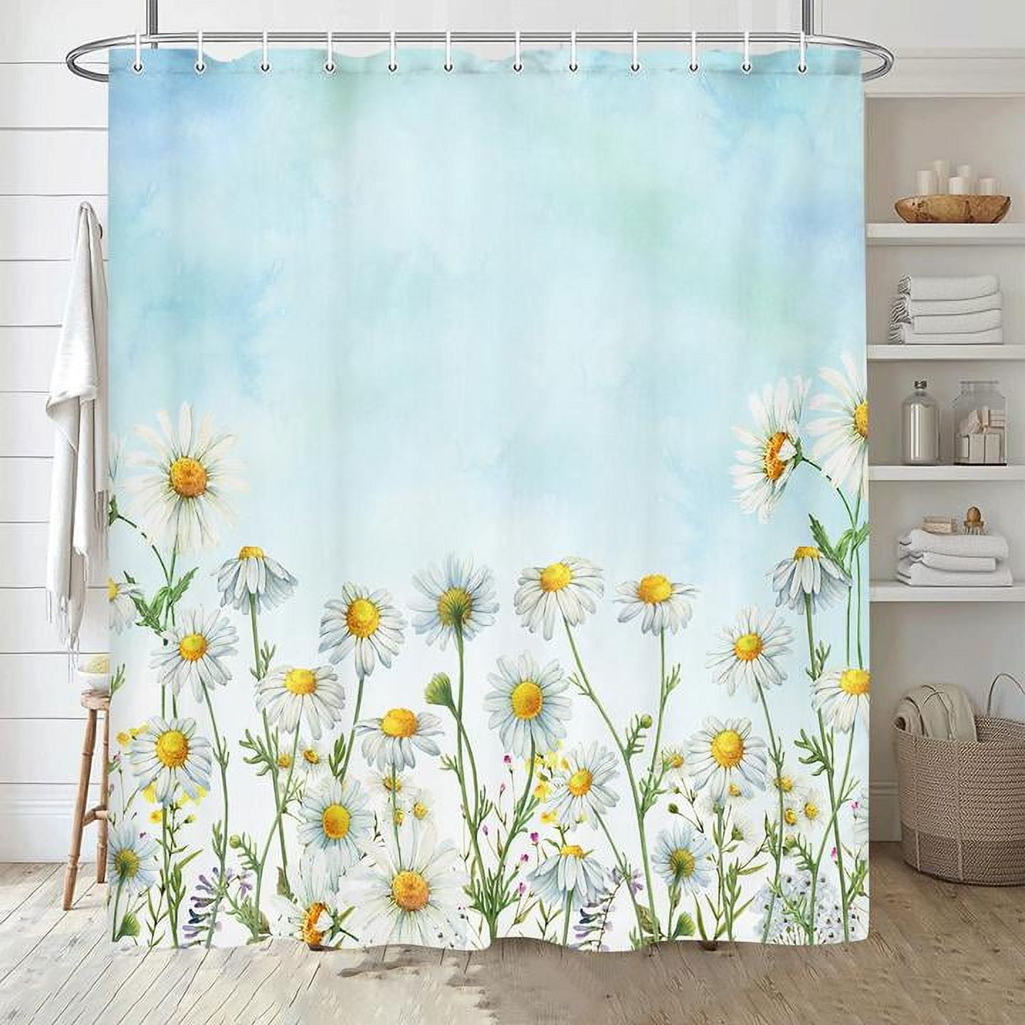 Daisy Shower Curtain, Floral Daisy Fabric Bathroom Curtains, Rustic Farmhouse Boho Shower Curtain Set, White Daisy Bathroom Shower Curtain with 12PCS Hooks, 70X70IN（Blue）