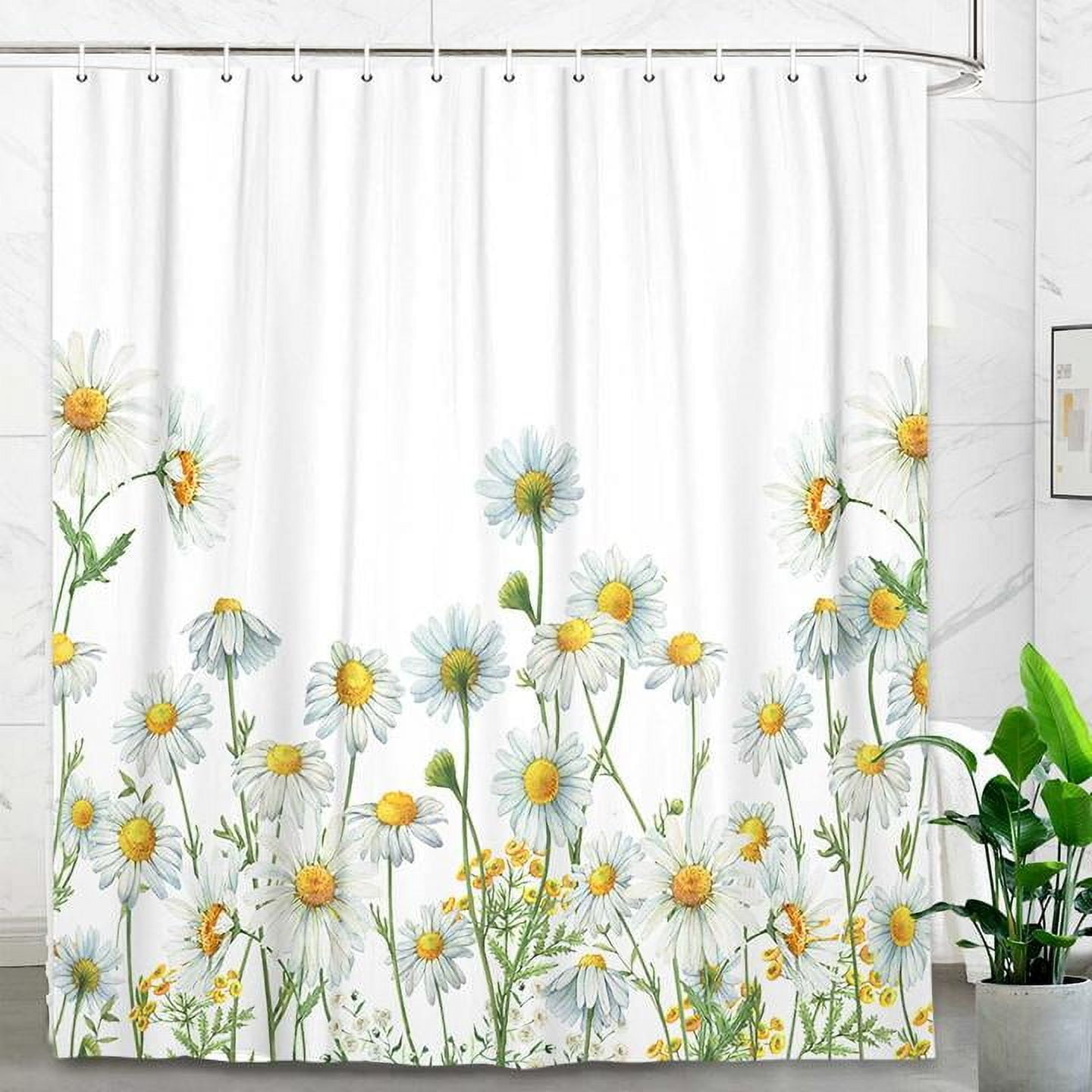 Daisy Shower Curtain, Floral Daisy Fabric Bathroom Curtains, Rustic Farmhouse Boho Shower Curtain Set, White Daisy Bathroom Shower Curtain with 12PCS Hooks, 70X75IN