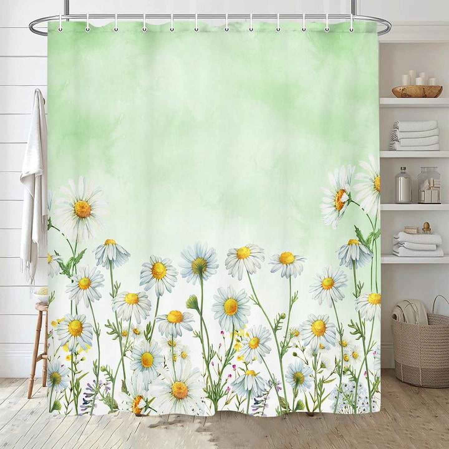 Daisy Shower Curtain, Floral Daisy Fabric Bathroom Curtains, Rustic Farmhouse Boho Shower Curtain Set, White Daisy Bathroom Shower Curtain with 12PCS Hooks, 70X70IN（Green）