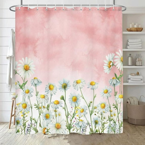 Daisy Shower Curtain, Floral Daisy Fabric Bathroom Curtains, Rustic Farmhouse Boho Shower Curtain Set, White Daisy Bathroom Shower Curtain with 12PCS Hooks, 70X84IN(Red)