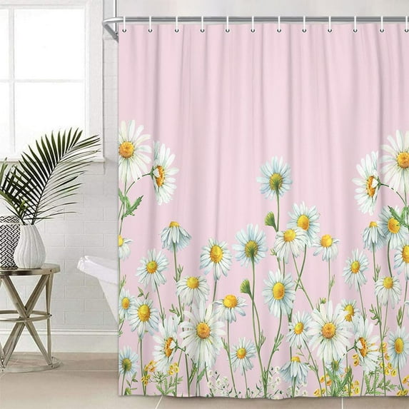 Daisy Shower Curtain, Floral Daisy Shower Curtains Cloth Rustic Farmhouse Shower Curtain Set, Pink Daisy Fabric Bathroom Curtains with 12 Hooks (Pink, 69 X 72)