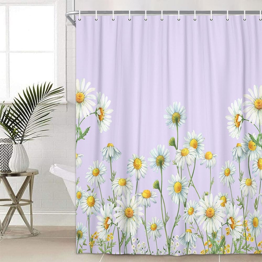 Daisy Shower Curtain, Floral Daisy Shower Curtains Cloth Rustic Farmhouse Shower Curtain Set, Purple Daisy Fabric Bathroom Curtains with 12 Hooks (Purple, 69 X 72)