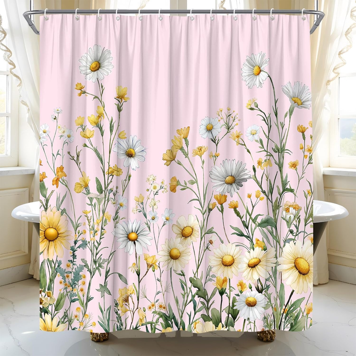 Daisy Shower Curtain Rustic White Floral Yellow Farmhouse Botanical