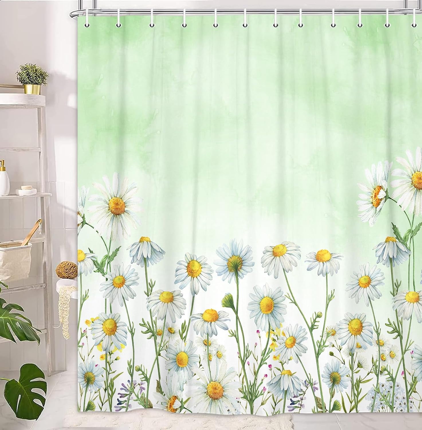 Daisy Shower Curtain Set – Floral Daisy Fabric Bath Curtains – Rustic