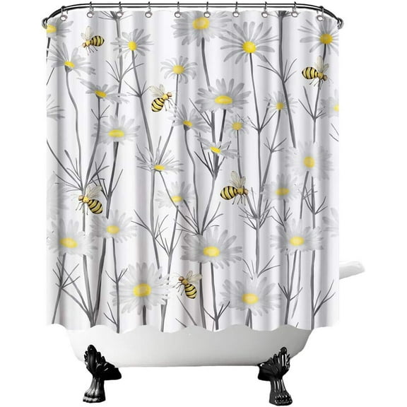 Daisy Shower Curtain Set Grey Flowers with Bees in Spring Blooming Bathroom Curtain Floral Fabric Curtain for Home Decor with Hooks 72"×72" Inches Yellow White