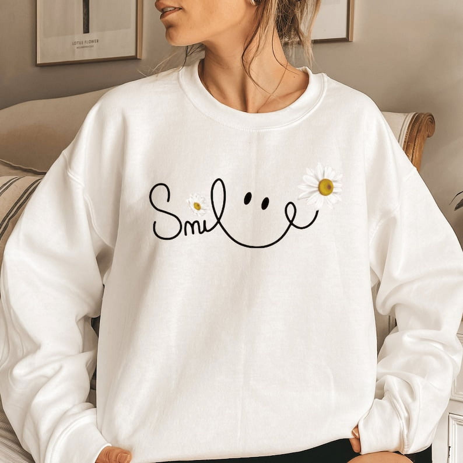 Daisy Smile Face Sweatshirt,Daisy Flower Smile Sweatshirt, Summer Women