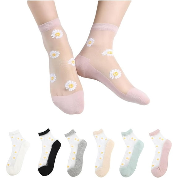 Daisy Socks Lace Sheer High Ankle Socks 6 Pairs Women Transparent Cute Preppy Floral Knit Cotton Sole Dress Sock