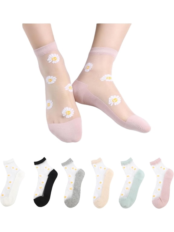 Daisy Socks Lace Sheer High Ankle Socks 6 Pairs Women Transparent Cute Preppy Floral Knit Cotton Sole Dress Sock