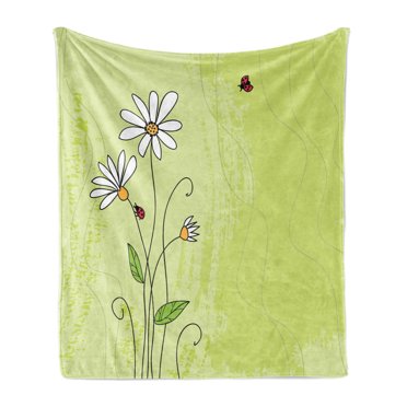 Daisy Soft Flannel Fleece Throw Blanket, Hand Drawn Style Chamomile Flowers Ladybugs and Grunge Look Graphic, Cozy Plush for Indoor and Outdoor Use, 50" x 70", Multicolor, by Ambesonne