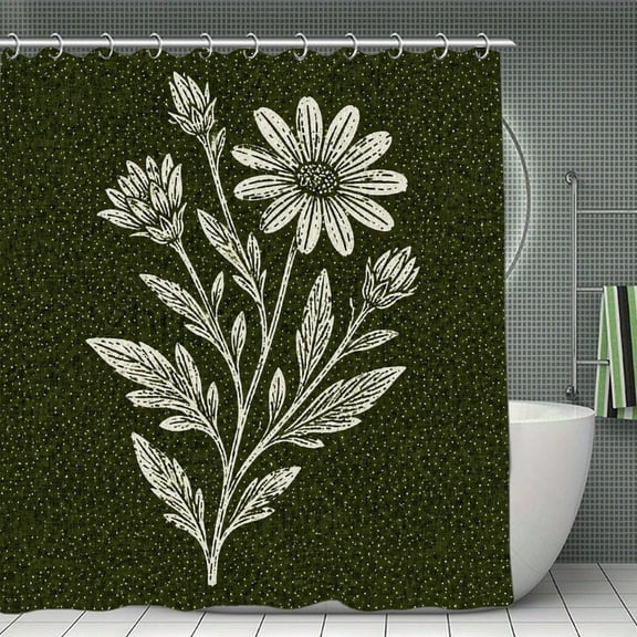 Daisy Sprig Linocut Print Shower Curtain,Cloth Fabric Waterproof Polyester Bathroom Home Decor Set with Hooks 70.8×70.8Inch
