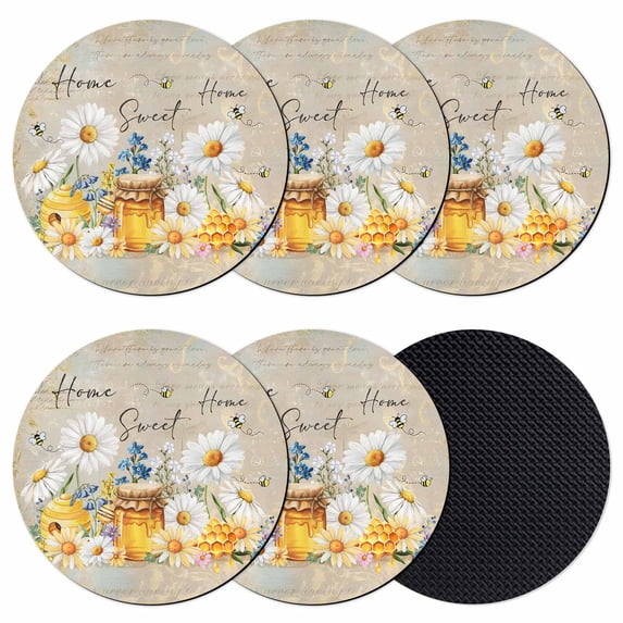Daisy Spring Floral Coasters Set of 6, Absorbent Coasters for Drinks, Farmhouse Botanical Bees Elegant Coaster for Desk Coffee Table Protection, Home Decor House Warming Gifts 4"
