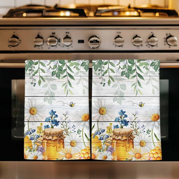 Daisy Spring Floral Kitchen Towels Set of 3, Farmhouse Botanical Green Leaves Wooden Absorbent Dish Towels for Kitchen, Microfiber Hand Towel, Quick Drying Tea Towel for Cleaning Dishcloths