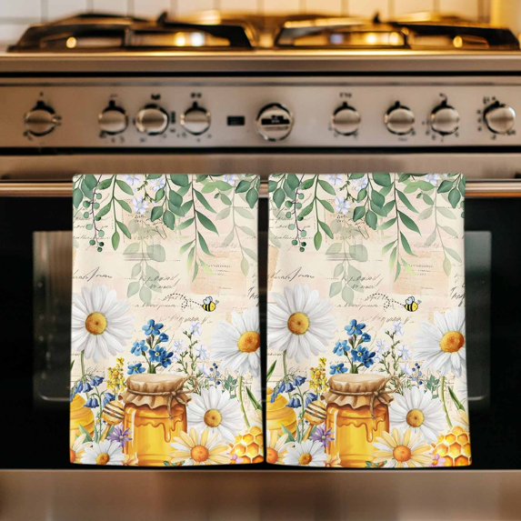 Daisy Spring Floral Kitchen Towels Set of 4, Farmhouse Botanical Green Leaves Vintage Art Absorbent Dish Towels for Kitchen, Microfiber Hand Towel, Quick Drying Tea Towel Decorative Dishcloths
