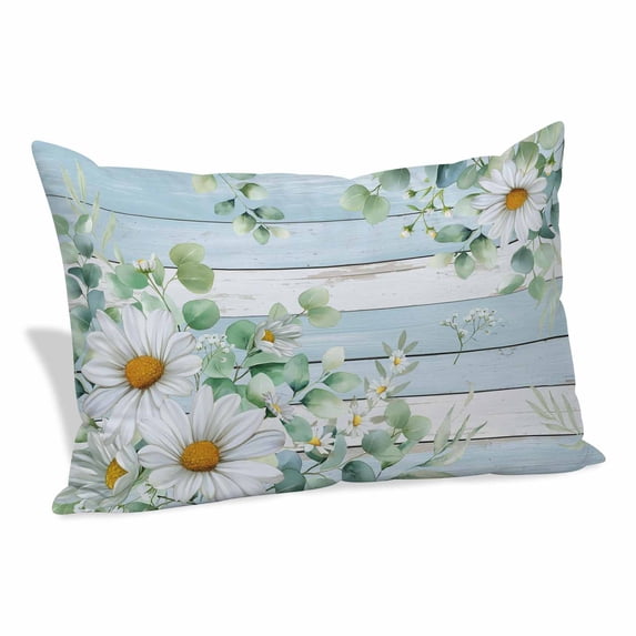Daisy Spring Floral Pillow Covers, Linen Long Throw Pillow Case, Eucalyptus Leaves Watercolor Wooden Holiday Pillow Protector Decorative Cushion Cover for Living Room/Bedroom 24" x 36"