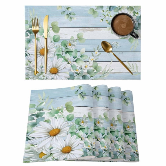 Daisy Spring Floral Placemats Set of 12, Eucalyptus Leaves Watercolor Wooden Placemats for Dining Table, Place Mats for Kitchen Tabletop, Waterproof Wipeable Dining Table Mats Set