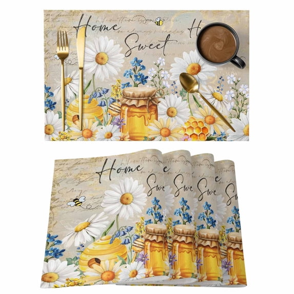 Daisy Spring Floral Placemats Set of 4, Farmhouse Botanical Bees Elegant Placemats for Dining Table, Place Mats for Kitchen Tabletop, Waterproof Wipeable Dining Table Mats Set