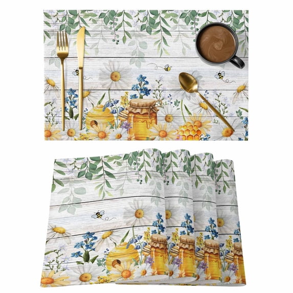 Daisy Spring Floral Placemats Set of 4, Farmhouse Botanical Green Leaves Wooden Placemats for Dining Table, Place Mats for Kitchen Tabletop, Waterproof Wipeable Dining Table Mats Set