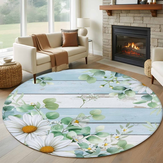 Daisy Spring Floral Round Rug 8ft Washable Circle Rugs Non Slip Eucalyptus Leaves Watercolor Wooden Large Area Rug Indoor Floor Carpet for Bedroom Kitchen Living Room Home Office Dining Room Nursery