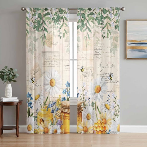 Daisy Spring Floral Sheer Curtains 96 Inch Length 2 Panels Set Window Treatments, Farmhouse Botanical Green Leaves Vintage Art Rod Pocket Semi Curtains for Living Room/Bedroom/Kitchen, 104"W x 96"L