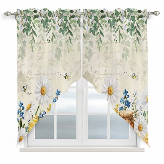Daisy Spring Floral Swag Curtains for Kitchen/Bedroom/Living Room, Farmhouse Botanical Green Leaves Scalloped Curtains 63 Inch Long, Window Swag Topper Curtains Valances 2 Panels Set 36"x63"