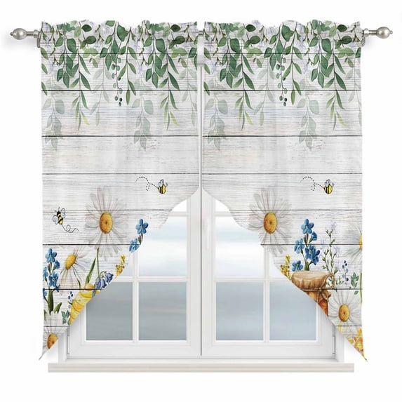 Daisy Spring Floral Swag Valances for Windows 2 Pack, Kitchen Window Curtains 36 Inch Length, Farmhouse Botanical Green Leaves Wooden Privacy Swag Curtains for Living Room/Bathroom 36"x36"