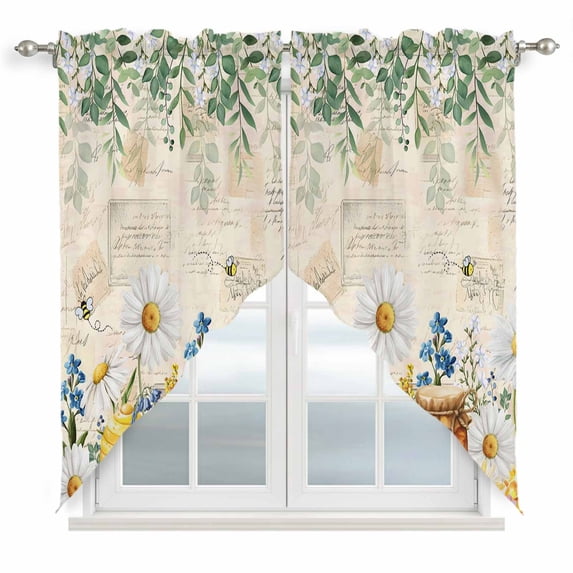 Daisy Spring Floral Swag Valances for Windows, Kitchen Window Curtains Over Sink, Farmhouse Botanical Green Leaves Vintage Art Window Treatment Curtains for Living Room/Bedroom 2 Panel Sets 36"x45"