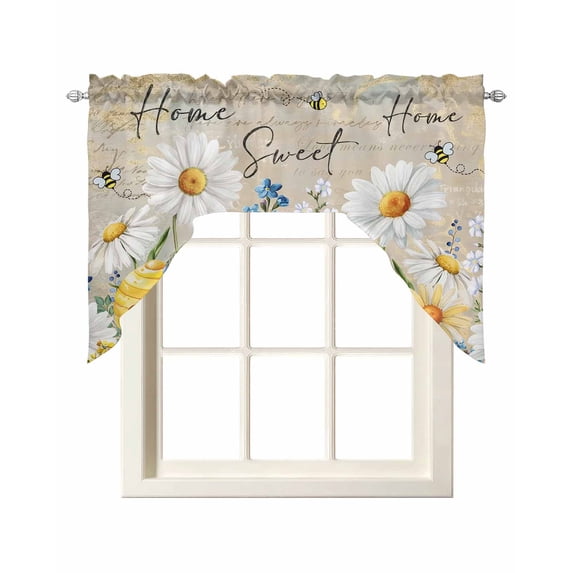 Daisy Spring Floral Swag Valances for Windows, Small Curtains Drapes, Farmhouse Botanical Bees Elegant Kitchen Window Curtains Over Sink Window Treatment Valance for Bedroom/Bathroom 56"x36"