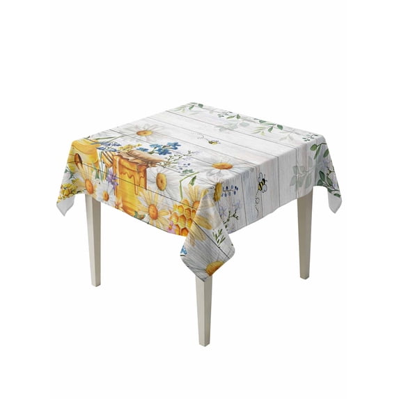 Daisy Spring Floral Table Cloth, Waterproof Tablecloth for Square Tables, Farmhouse Botanical Green Leaves Wooden Reusable Washable Fabric Table Cover for Restaurant Kitchen Dining Tables 54"x54"