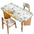 thumbnail image 1 of Daisy Spring Floral Table Cloths for 5 Foot Rectangle Tables, Farmhouse Botanical Green Leaves Wooden Patio Waterproof Elastic Fitted Tablecloths, Washable Rectangular Table Cover for Camping, 1 of 8
