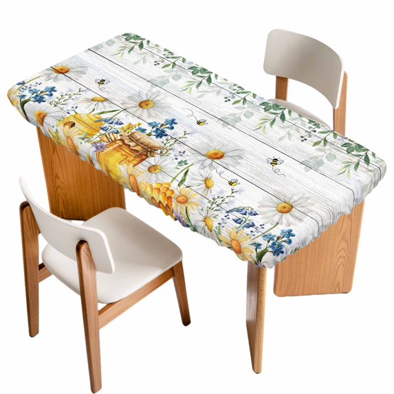 Daisy Spring Floral Table Cloths for 5 Foot Rectangle Tables, Farmhouse Botanical Green Leaves Wooden Patio Waterproof Elastic Fitted Tablecloths, Washable Rectangular Table Cover for Camping