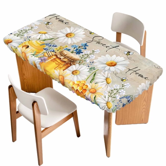 Daisy Spring Floral Table Cloths for 6 Foot Rectangle Tables, Farmhouse Botanical Bees Elegant Patio Waterproof Elastic Fitted Tablecloths, Washable Rectangular Table Cover for Camping