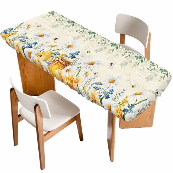 Daisy Spring Floral Table Cloths for 8 Foot Rectangle Tables, Farmhouse Botanical Green Leaves Patio Waterproof Elastic Fitted Tablecloths, Washable Rectangular Table Cover for Camping