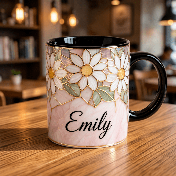 Daisy Stained Glass Ceramic Mug Personalized Name Cute Spring Floral Gift Mug