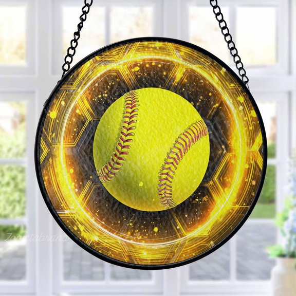 Softball Stained Glass Suncatcher Metal Outdoor Decor Energetic Sporty Yellow Gold Finish