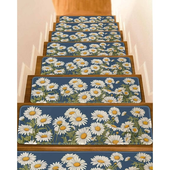 Daisy Stair Treads for Wooden Steps Indoor Runner Rug Carpet, Spring Floral Summer Botanical Elegant Navy Blue 4 Pieces Peel and Stick Staircase Step Treads Covers Washable Throw Door Mats, 30"x8"