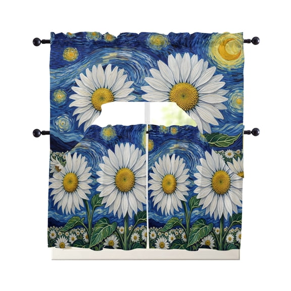 Daisy Starry Sky Kitchen Curtains Set for Windows 3 Piece Cafe Curtains 36 Inch Length Swag Curtains Valances and Tier Set Artwork Painting Abstract Art Drapes for Bedroom Bathroom Living Room