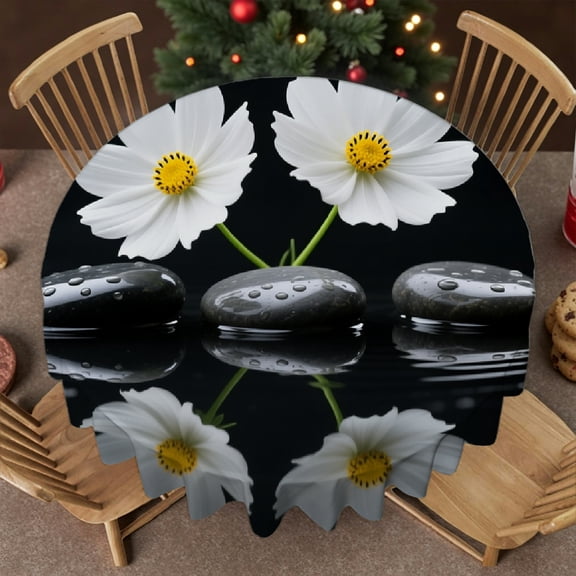 Daisy Stone on Water tablecloth round, Machine-Made - Kitchen Accessories Tablecloth for dining table, Cafe,  picnic,60x60 Inch
