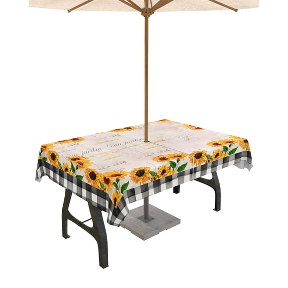Daisy Summer Flowers Plaid Table Cloth with Umbrella Hole and Zipper,Outdoor Tablecloth Waterproof Patio Table Cloths Spillproof Washable Table Cover Farm Floral Plant Pastoral Vintage