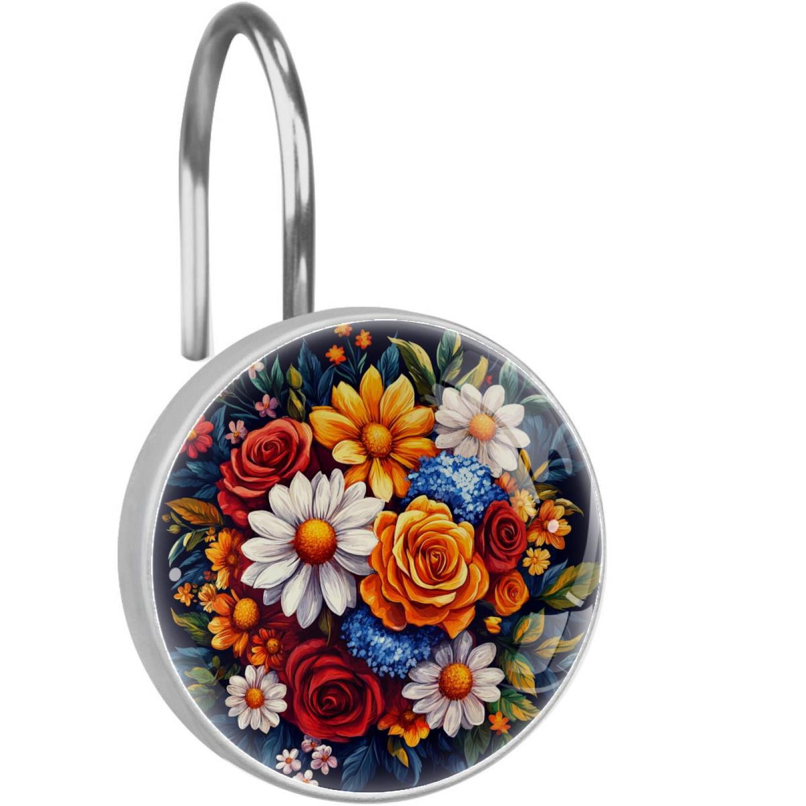 Daisy Sunflower Roses Florals Shower Curtain Hooks Round Crystal Glass, Set of 12 Shower Curtain Rings - Shower Hooks for Curtain Shower Rings