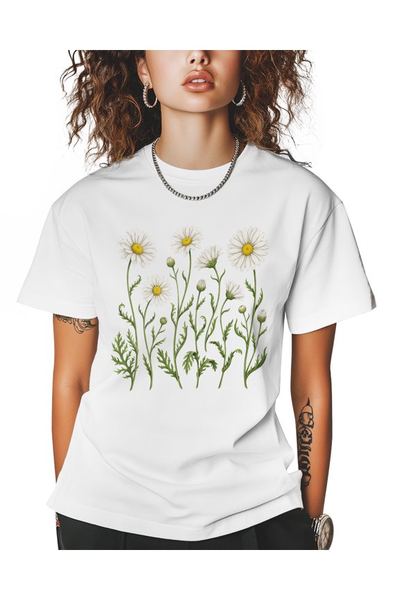 Daisy T Shirts for Women Short Sleeve Cotton Crewneck T-Shirt Cute Cartoon White Daisy Floral Leaf Plant Tee Tops Casual Basic T-Shirts, XS-5XL White XS