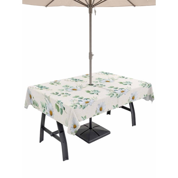 Daisy Table Cloth Rectangle Outdoor Tablecloth, Spring Flowers Eucalyptus Leaves Botanical Beige Waterproof Table Cover with Umbrella Hole and Zipper for Party/Dining/Patio/Wedding 54x54 Inch