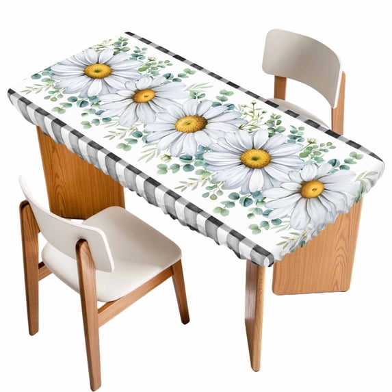 Daisy Table Cloths for 3 Foot Rectangle Tables, Spring Floral Black Plaid Eucalyptus Leaves Patio Waterproof Elastic Fitted Tablecloths, Washable Rectangular Table Cover for Camping