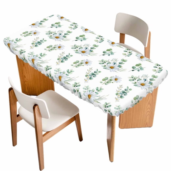 Daisy Table Cloths for 6 Foot Rectangle Tables, Spring Eucalyptus Leaves Flowers Botanical Country Patio Waterproof Elastic Fitted Tablecloths, Washable Rectangular Table Cover for Camping