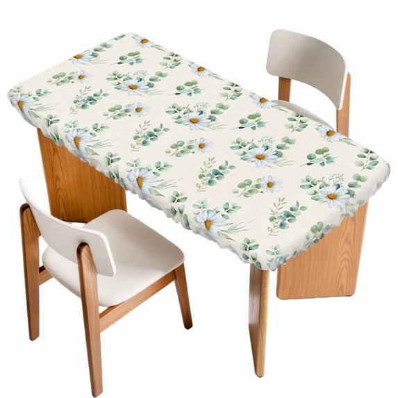 Daisy Table Cloths for 6 Foot Rectangle Tables, Spring Flowers Eucalyptus Leaves Botanical Beige Patio Waterproof Elastic Fitted Tablecloths, Washable Rectangular Table Cover for Camping