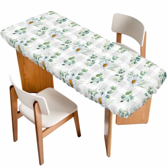 Daisy Table Cloths for 8 Foot Rectangle Tables, Spring Eucalyptus Leaves Flowers Botanical Gray Plaid Patio Waterproof Elastic Fitted Tablecloths, Washable Rectangular Table Cover for Camping