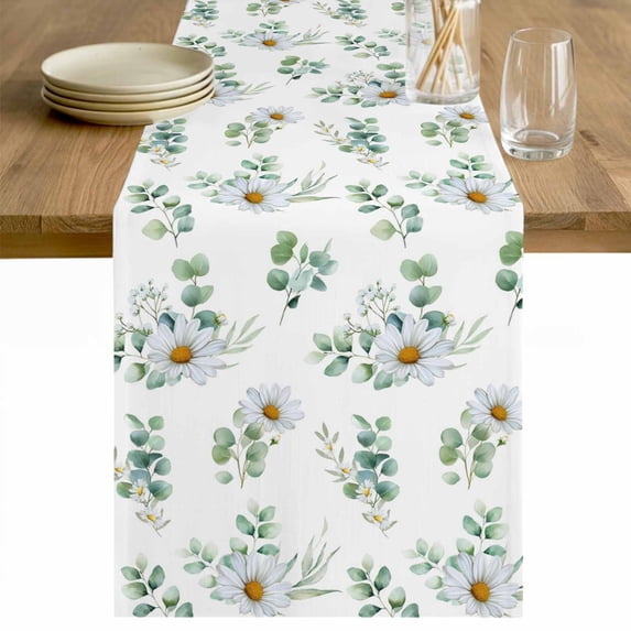 Daisy Table Runner 108 Inches Long Farmhouse Dress Scarves, Spring Eucalyptus Leaves Flowers Botanical Country Dining Tablerunner for Coffee Table/Kitchen Island/Party Décor, 13" x 108"