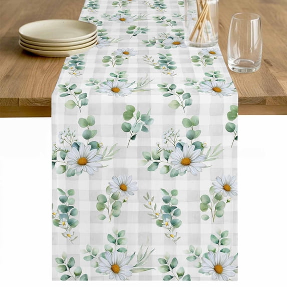 Daisy Table Runner 108 Inches Long Farmhouse Dress Scarves, Spring Eucalyptus Leaves Flowers Botanical Gray Plaid Dining Tablerunner for Coffee Table/Kitchen Island/Party Décor, 13" x 108"