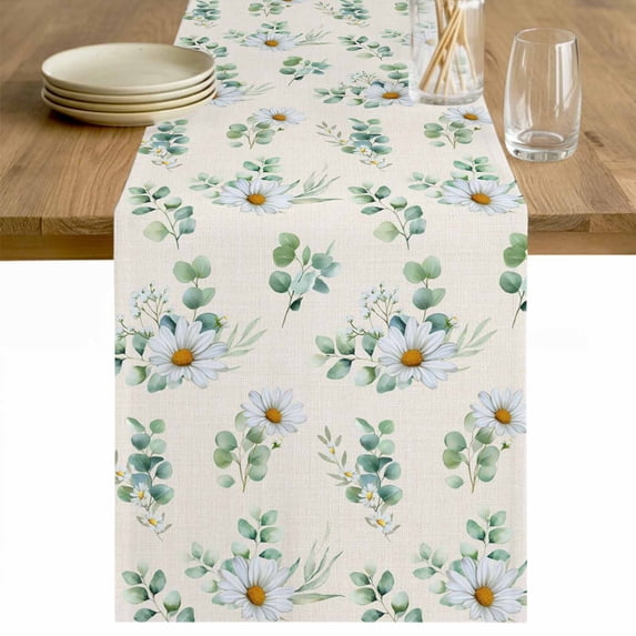 Daisy Table Runner 36 Inches Long Farmhouse Dress Scarves, Spring Flowers Eucalyptus Leaves Botanical Beige Dining Tablerunner for Coffee Table/Kitchen Island/Party Décor, Small 13" x 36"